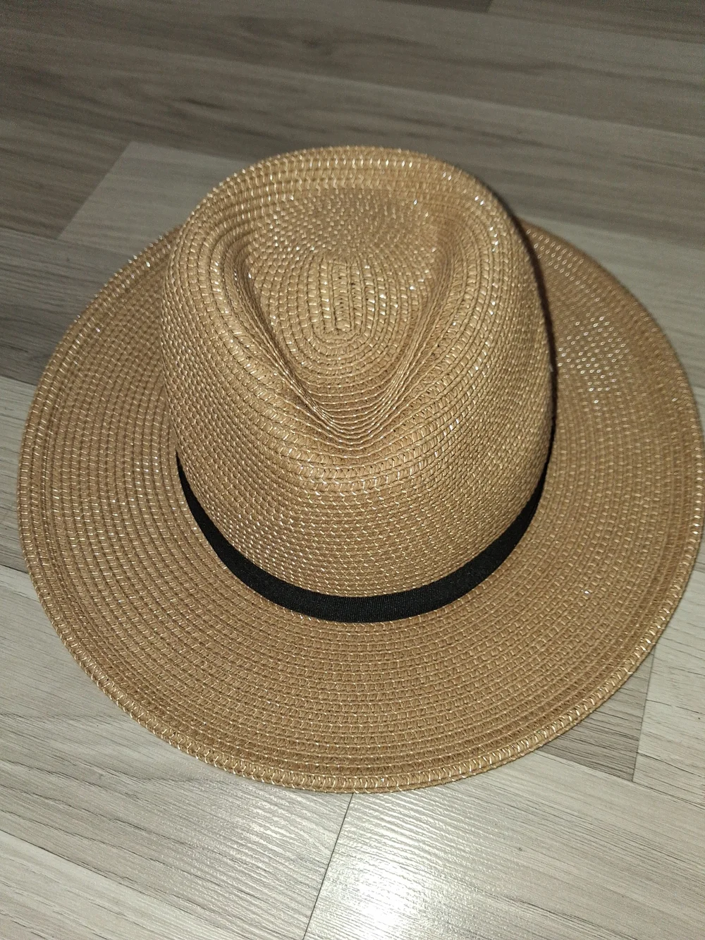 Wide-Brim Straw Fedora Hat with Black Band - Tan